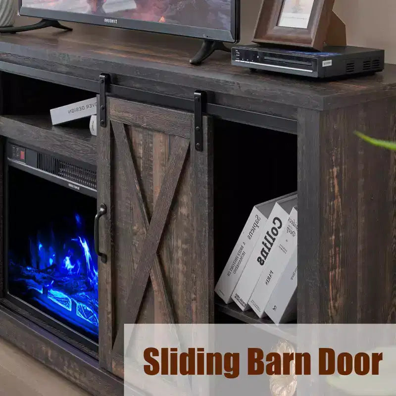 Mobile TV da fattoria con caminetto e ante scorrevoli a fienile, 63", per TV fino a 73"