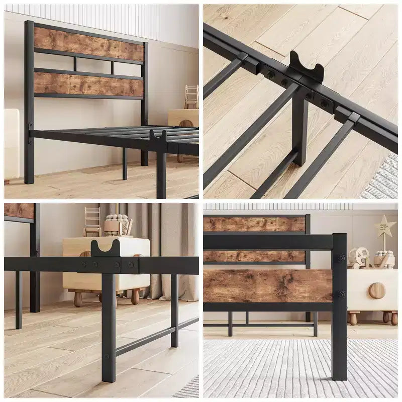 Struttura letto a piattaforma rustica industriale con testiera in legno, doghe in metallo, singolo/matrimoniale