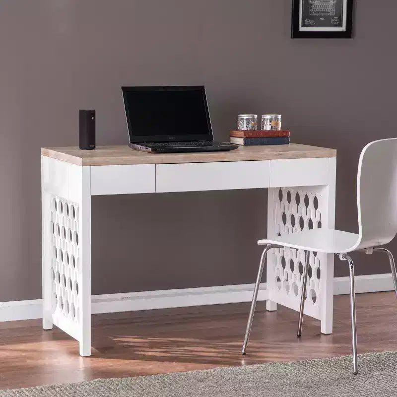 Scrivania bicolore con cassetto - Bianco e Naturale, 1 persona