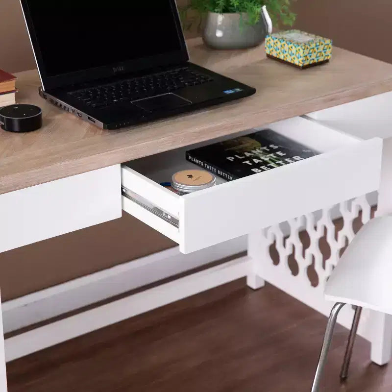 Scrivania bicolore con cassetto - Bianco e Naturale, 1 persona