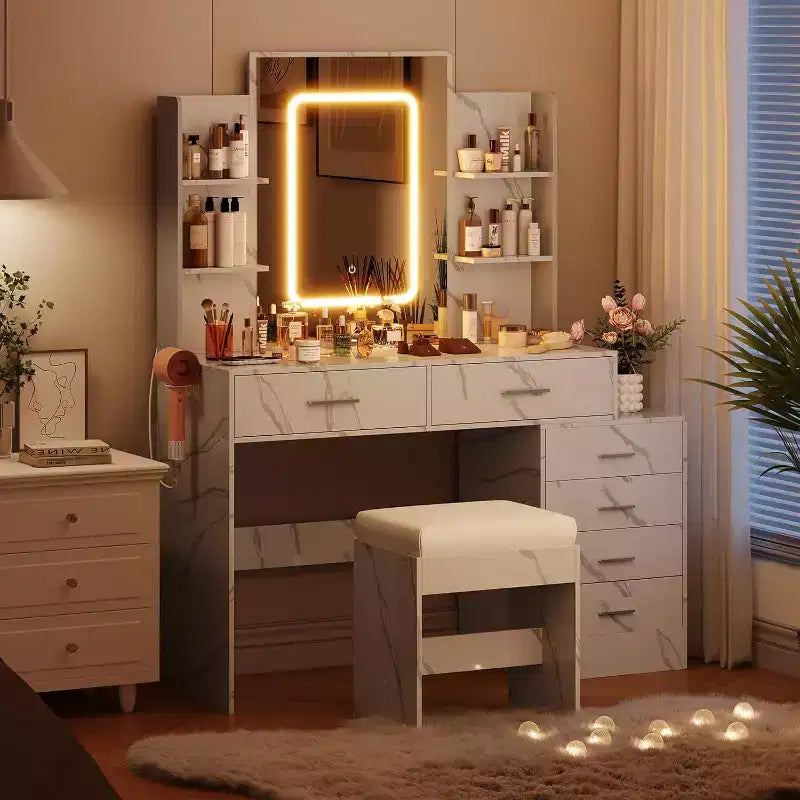Scrivania da trucco illuminata con specchio, 6 cassetti e stazione di ricarica, per adulti, nero/bianco