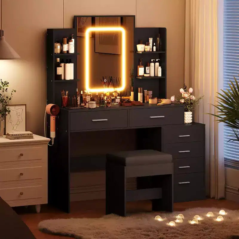 Scrivania da trucco illuminata con specchio, 6 cassetti e stazione di ricarica, per adulti, nero/bianco