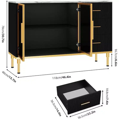 46.4 Mobile Credenza a Buffet con Ante in Vetro, 3 Cassetti e Ripiani, Top in Marmo, per Sala da Pranzo e Cucina