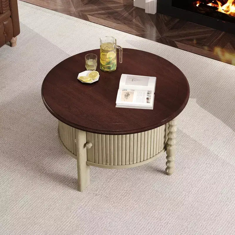 Tavolino da caffè vintage marrone e beige ovale/rotondo con cassetto, 2 misure