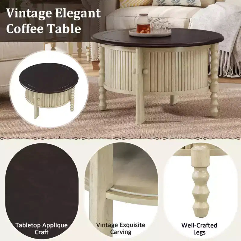 Tavolino da caffè vintage marrone e beige ovale/rotondo con cassetto, 2 misure
