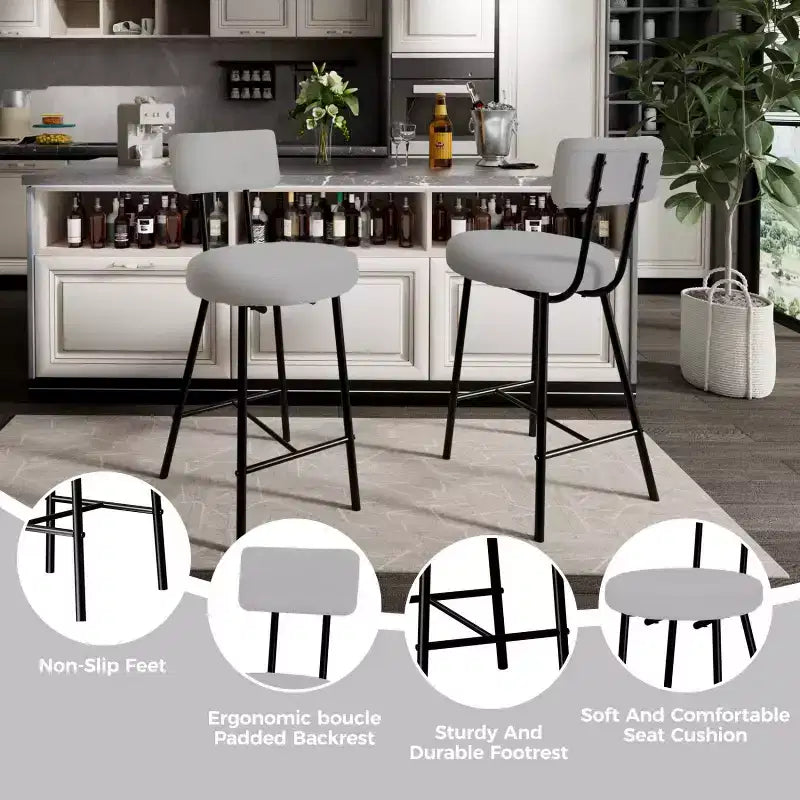 Sgabelli da bancone rotondi imbottiti con schienale, set da 2 o 4, Beige/Grigio