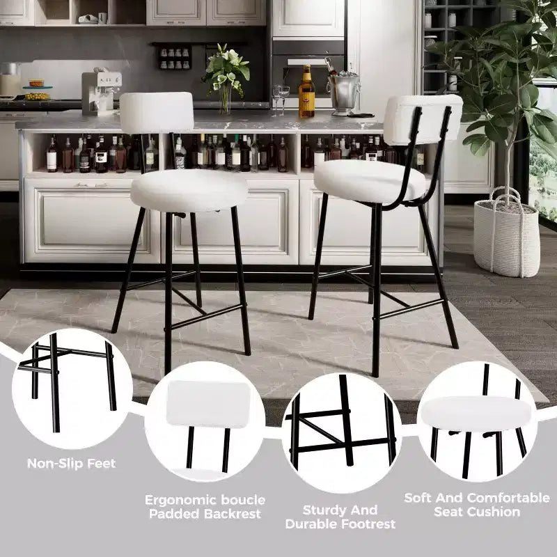 Sgabelli da bancone rotondi imbottiti con schienale, set da 2 o 4, Beige/Grigio