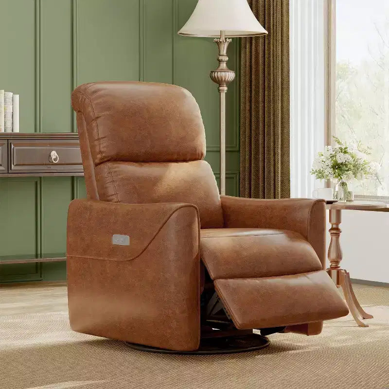 Poltrona reclinabile girevole e a dondolo con supporto lombare, in similpelle, 1 posto – Beige / Marrone