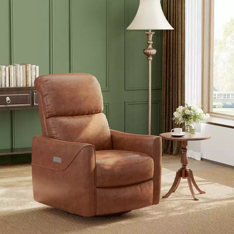 Poltrona reclinabile girevole e a dondolo con supporto lombare, in similpelle, 1 posto – Beige / Marrone