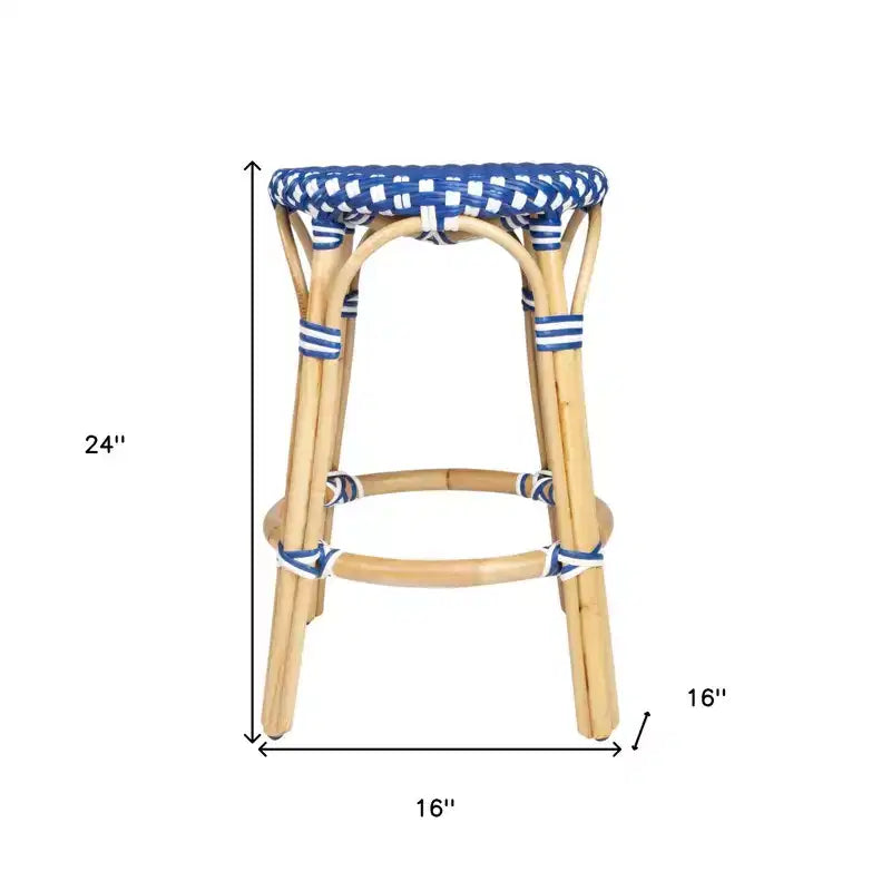 Sgabello da bar senza schienale in rattan blu e bianco, altezza bancone, 1 posto