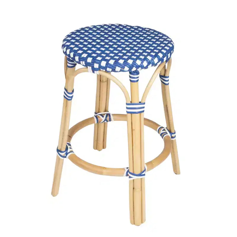 Sgabello da bar senza schienale in rattan blu e bianco, altezza bancone, 1 posto