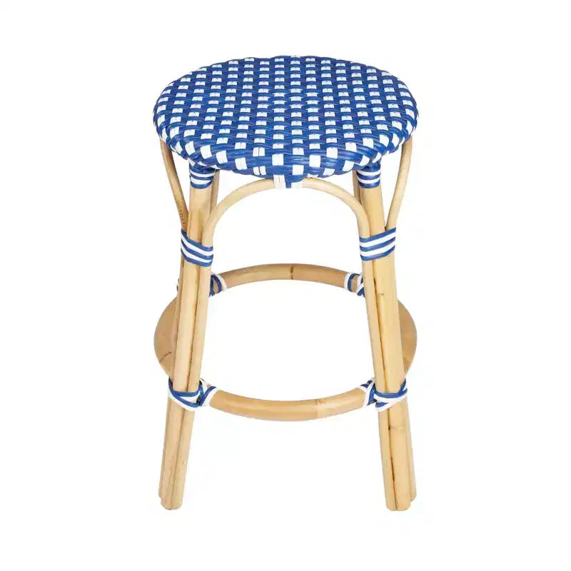 Sgabello da bar senza schienale in rattan blu e bianco, altezza bancone, 1 posto