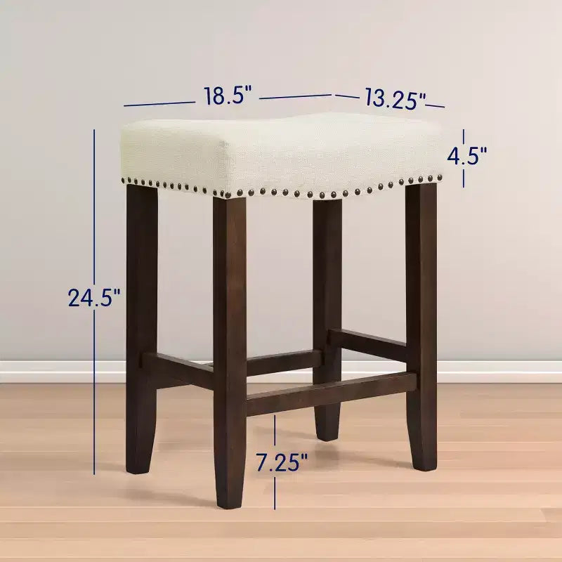 Sgabello da Bar Senza Schienale da 60 cm, Sedile Imbottito in Lino, Struttura in Legno di Gomma, 1 Posto