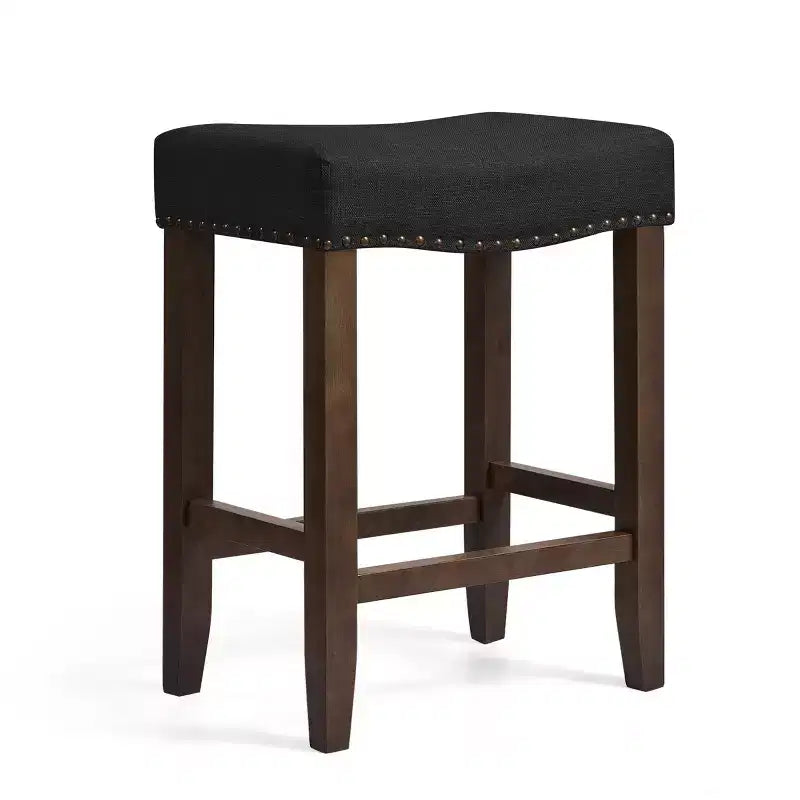 Sgabello da Bar Senza Schienale da 60 cm, Sedile Imbottito in Lino, Struttura in Legno di Gomma, 1 Posto