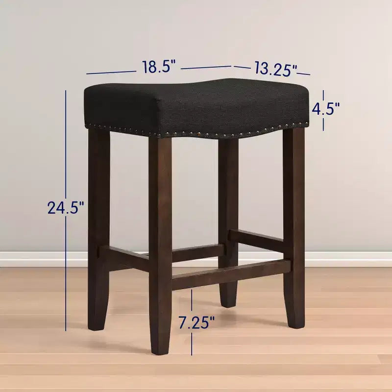 Sgabello da Bar Senza Schienale da 60 cm, Sedile Imbottito in Lino, Struttura in Legno di Gomma, 1 Posto