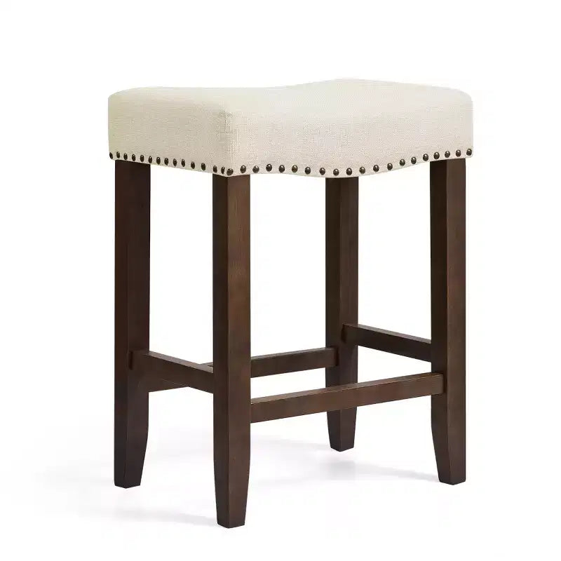 Sgabello da Bar Senza Schienale da 60 cm, Sedile Imbottito in Lino, Struttura in Legno di Gomma, 1 Posto