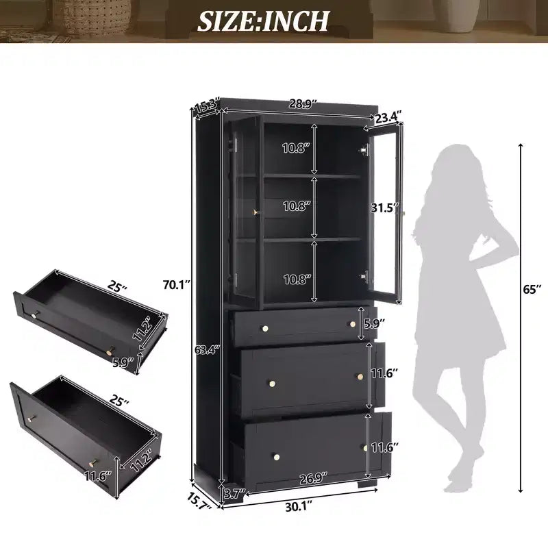 Mobiletto contenitore a colonna da 178 cm con 3 cassetti, ripiani regolabili e ante in vetro a chiusura ammortizzata