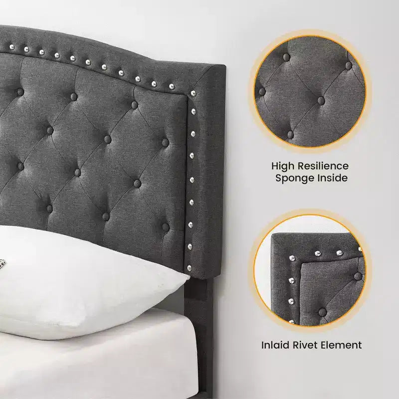 Letto imbottito con testiera trapuntata regolabile, una piazza e mezza/matrimoniale, nero/grigio
