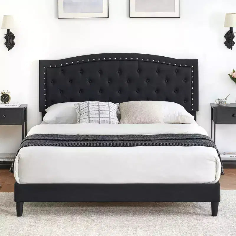 Letto imbottito con testiera trapuntata regolabile, una piazza e mezza/matrimoniale, nero/grigio