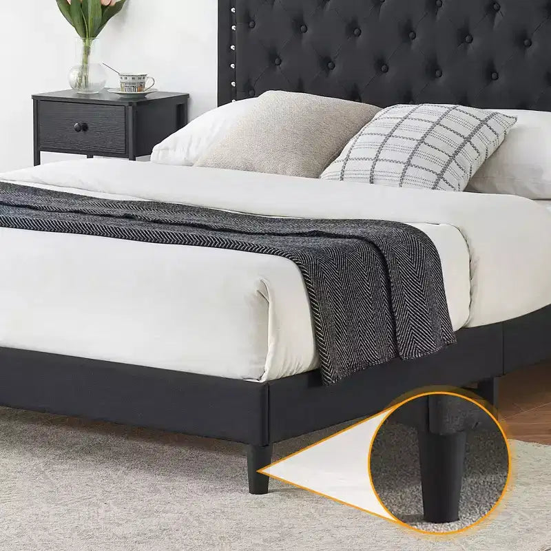 Letto imbottito con testiera trapuntata regolabile, una piazza e mezza/matrimoniale, nero/grigio