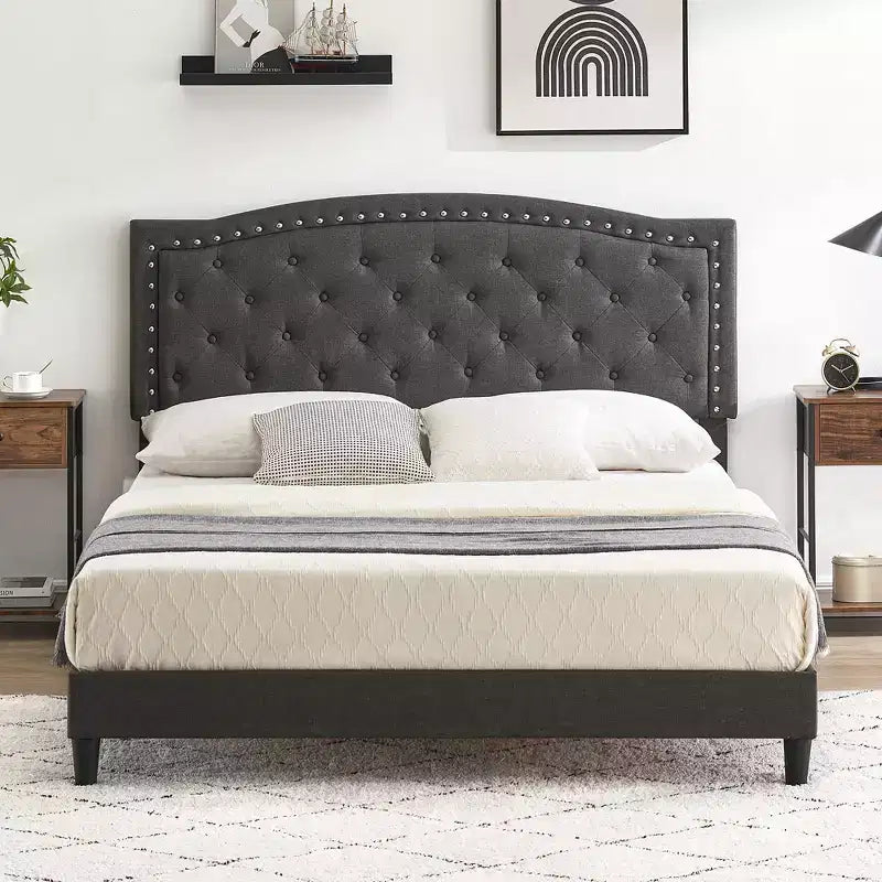 Letto imbottito con testiera trapuntata regolabile, una piazza e mezza/matrimoniale, nero/grigio