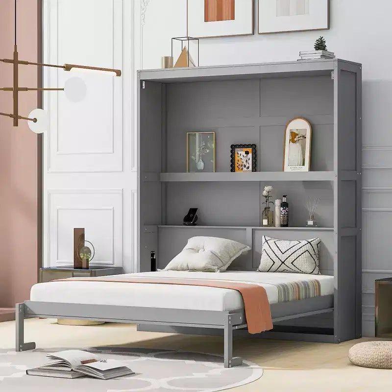Letto a scomparsa matrimoniale Queen Size con mensole portaoggetti, Grigio/Bianco, Posti letto: 1