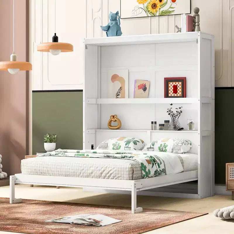 Letto a scomparsa matrimoniale Queen Size con mensole portaoggetti, Grigio/Bianco, Posti letto: 1