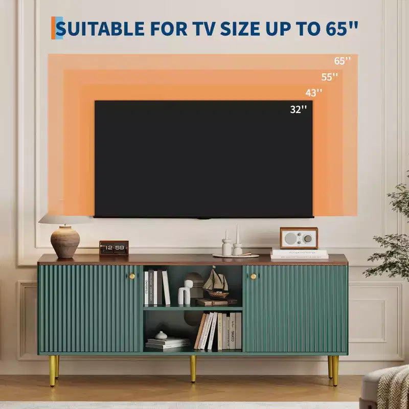 Mobile Porta TV da 55" per TV Fino a 65", Marrone/Verde, Mobile Media a 2 Ante Scanalato