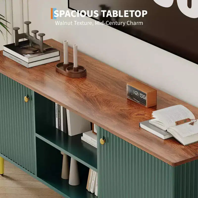Mobile Porta TV da 55" per TV Fino a 65", Marrone/Verde, Mobile Media a 2 Ante Scanalato