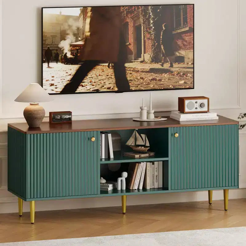 Mobile Porta TV da 55" per TV Fino a 65", Marrone/Verde, Mobile Media a 2 Ante Scanalato