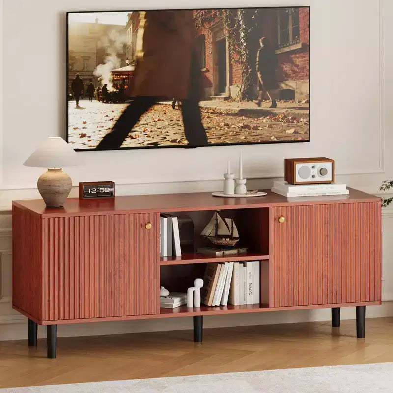 Mobile Porta TV da 55" per TV Fino a 65", Marrone/Verde, Mobile Media a 2 Ante Scanalato