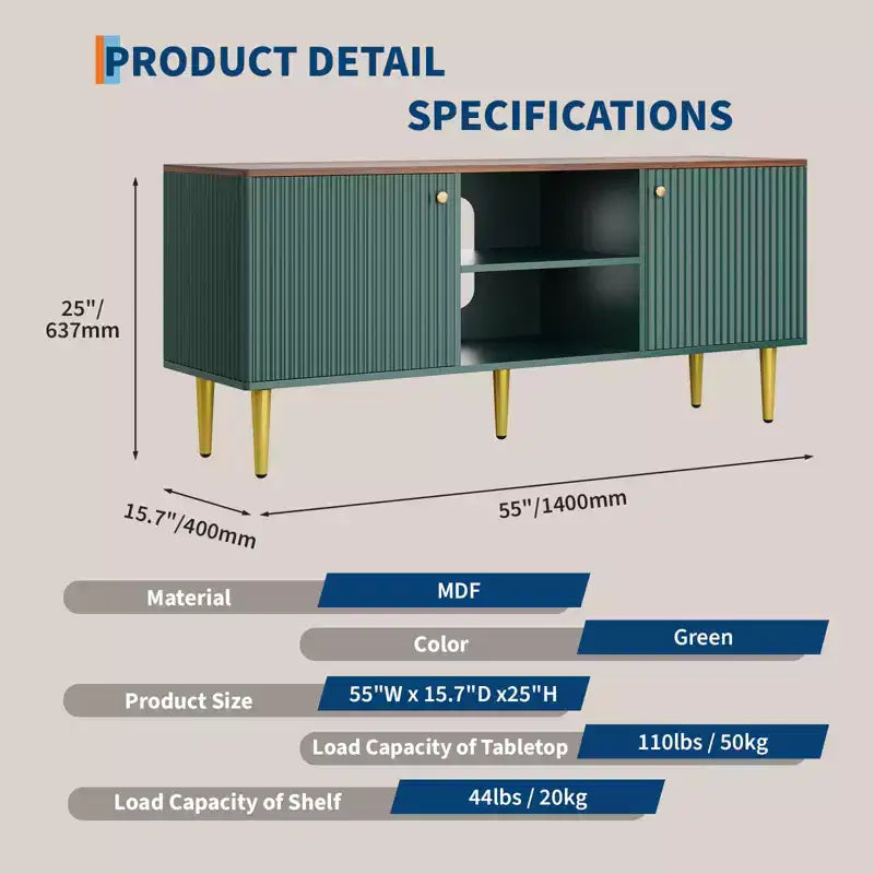Mobile Porta TV da 55" per TV Fino a 65", Marrone/Verde, Mobile Media a 2 Ante Scanalato