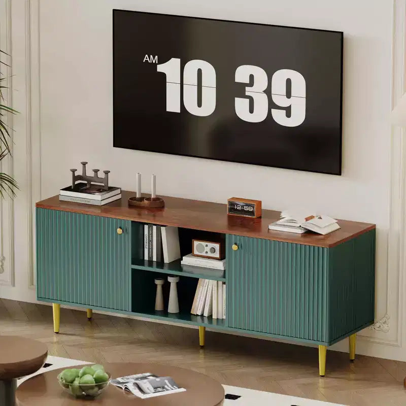 Mobile Porta TV da 55" per TV Fino a 65", Marrone/Verde, Mobile Media a 2 Ante Scanalato