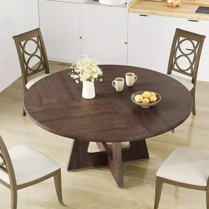 Tavolo da pranzo rotondo stile rustico 120 cm, MDF effetto legno, 4 posti