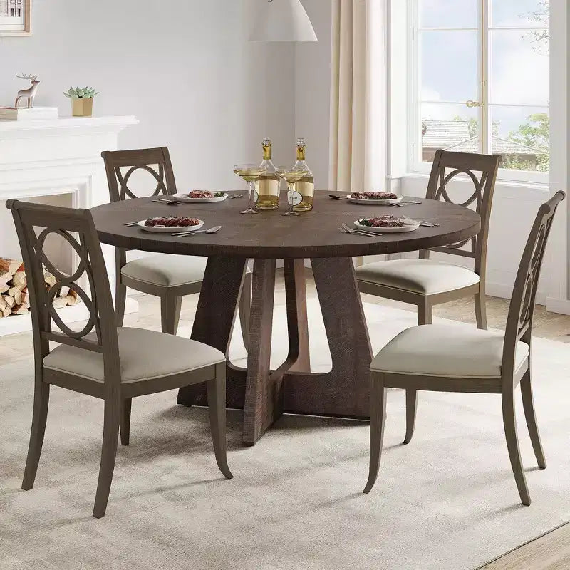 Tavolo da pranzo rotondo stile rustico 120 cm, MDF effetto legno, 4 posti