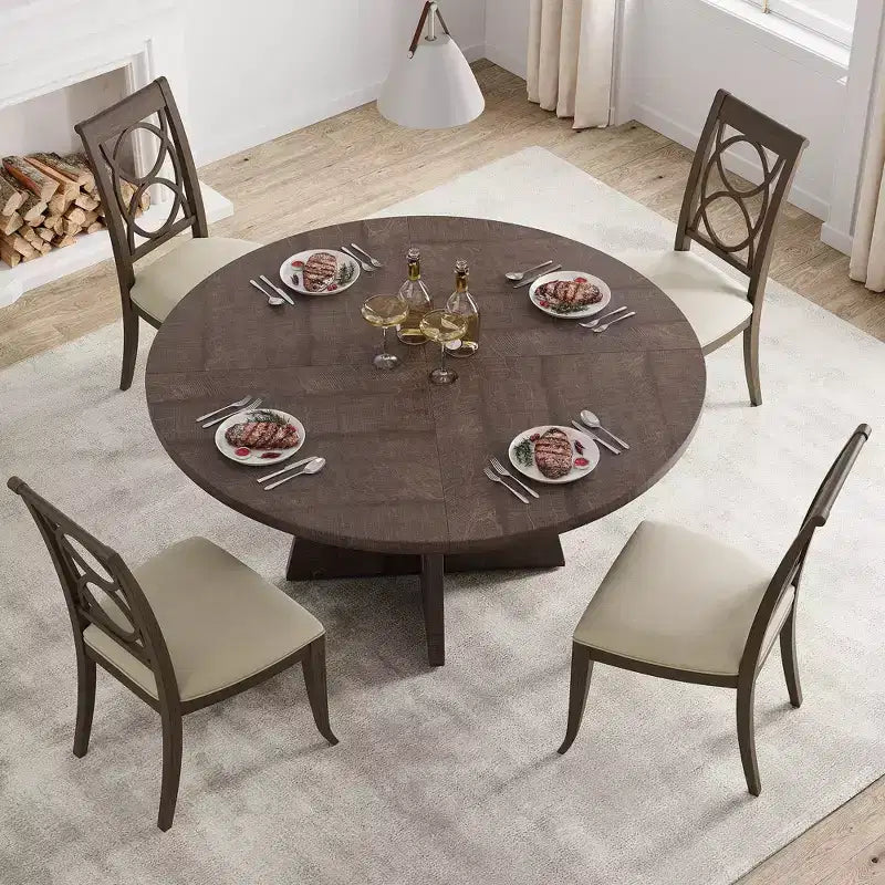 Tavolo da pranzo rotondo stile rustico 120 cm, MDF effetto legno, 4 posti