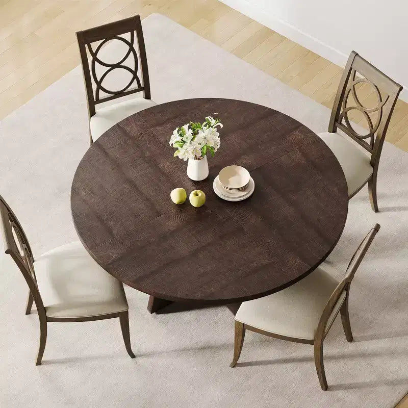 Tavolo da pranzo rotondo stile rustico 120 cm, MDF effetto legno, 4 posti