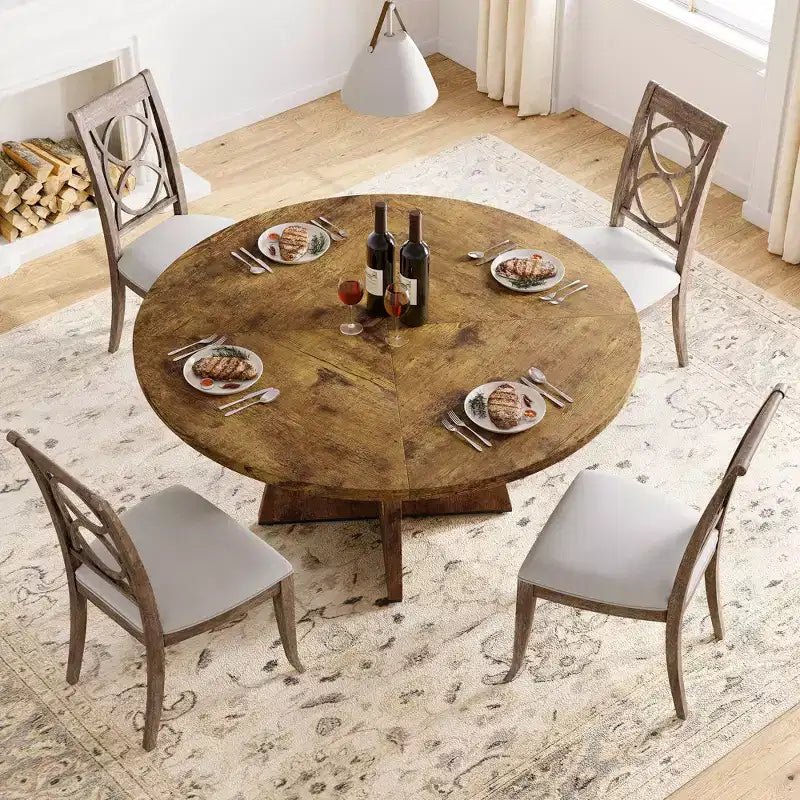 Tavolo da pranzo rotondo stile rustico 120 cm, MDF effetto legno, 4 posti