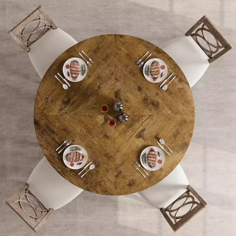 Tavolo da pranzo rotondo stile rustico 120 cm, MDF effetto legno, 4 posti