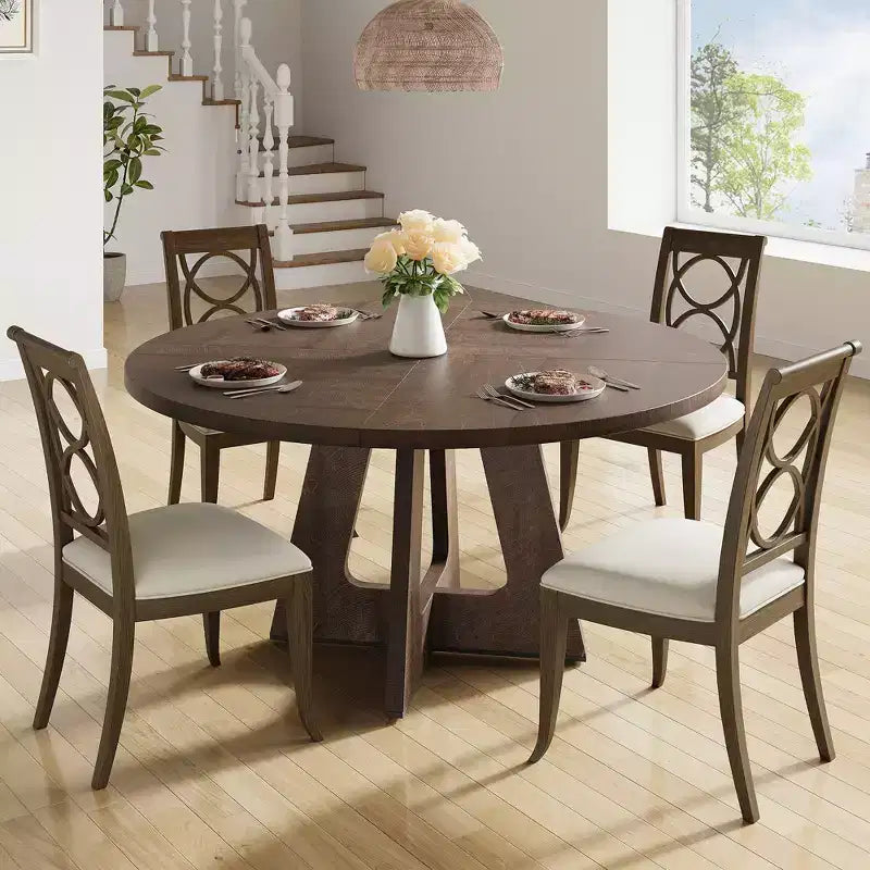 Tavolo da pranzo rotondo stile rustico 120 cm, MDF effetto legno, 4 posti