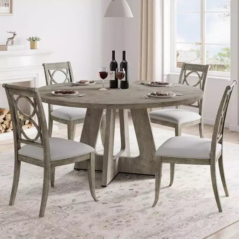 Tavolo da pranzo rotondo stile rustico 120 cm, MDF effetto legno, 4 posti