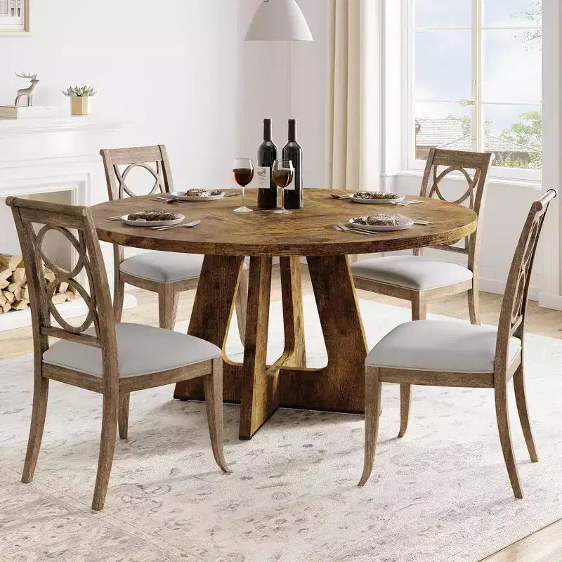 Tavolo da pranzo rotondo stile rustico 120 cm, MDF effetto legno, 4 posti