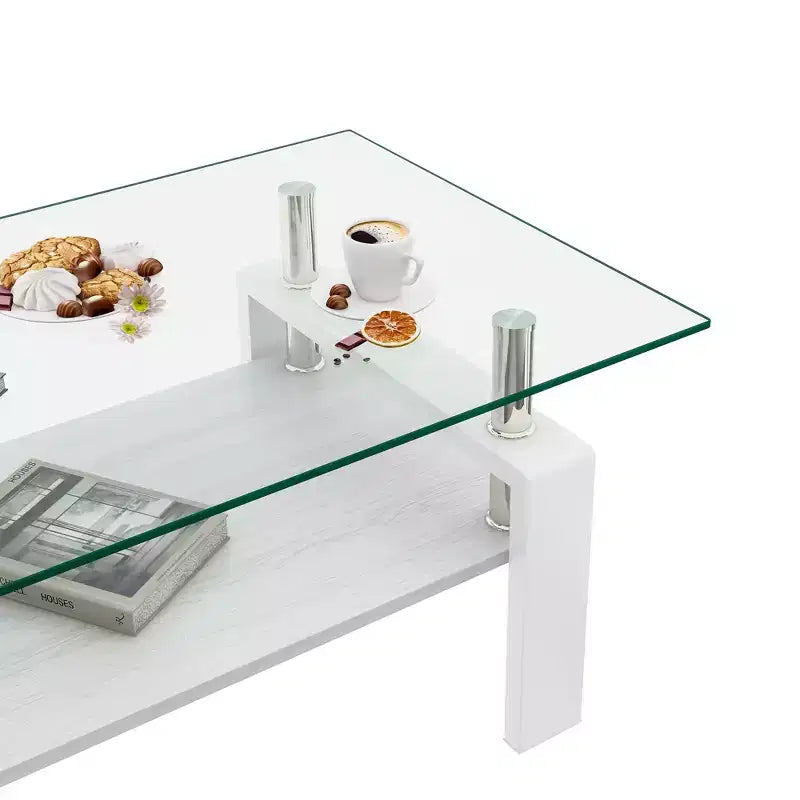 Tavolino da Caffè Rettangolare con Piano in Vetro Bianco, Posti a Sedere 2–4