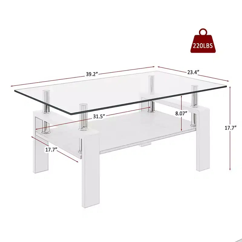 Tavolino da Caffè Rettangolare con Piano in Vetro Bianco, Posti a Sedere 2–4