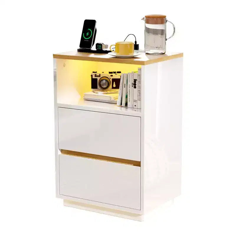 Comodino Bianco e Rovere con 2 Cassetti, Luci RGB e Porte USB