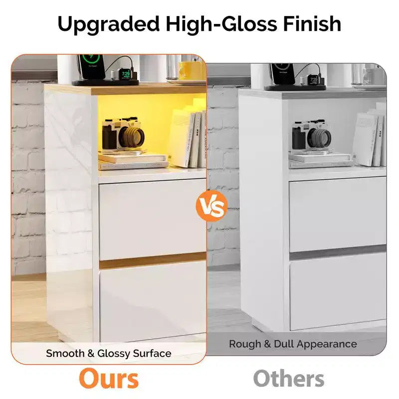 Comodino Bianco e Rovere con 2 Cassetti, Luci RGB e Porte USB