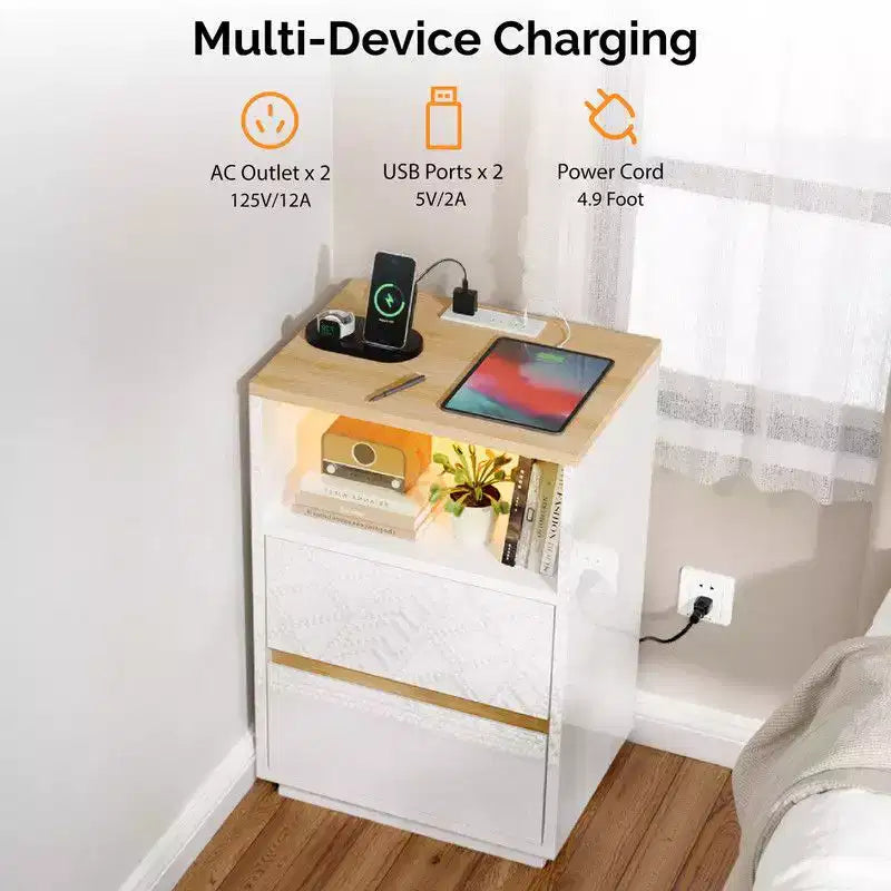 Comodino Bianco e Rovere con 2 Cassetti, Luci RGB e Porte USB