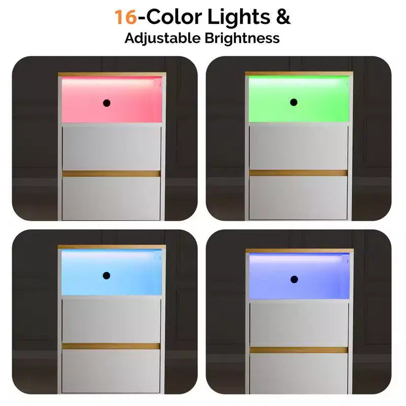 Comodino Bianco e Rovere con 2 Cassetti, Luci RGB e Porte USB