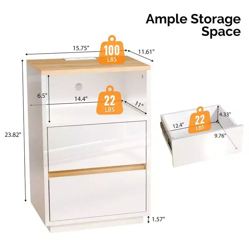 Comodino Bianco e Rovere con 2 Cassetti, Luci RGB e Porte USB