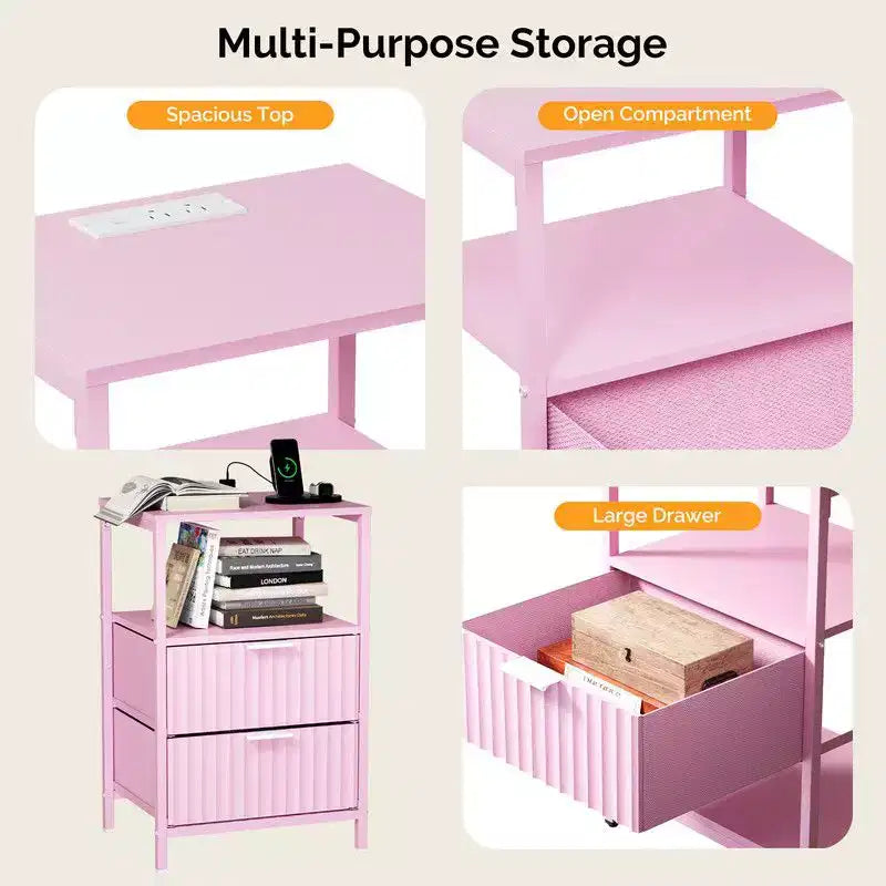 Comodino Rosa con Cassetti, Ripiano e Presa di Corrente – Set da 2